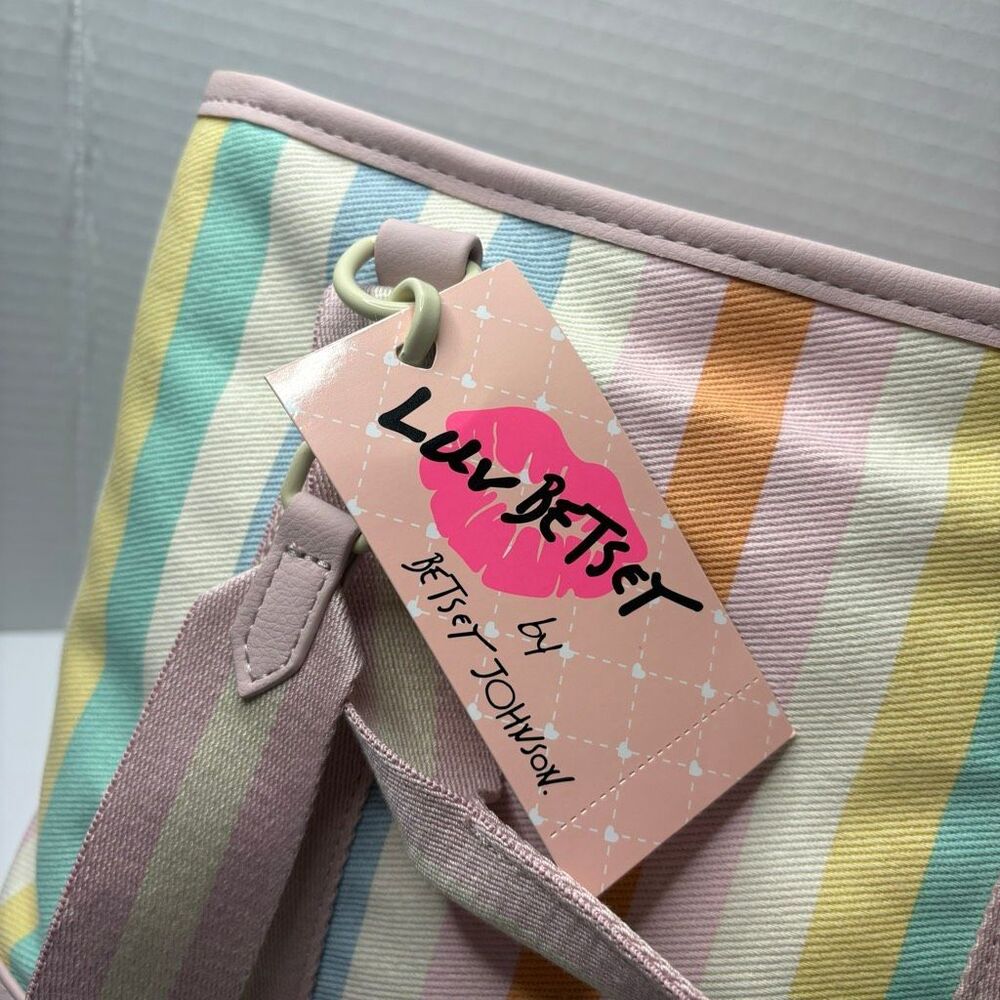 Betsey Johnson Canvas Tote Colorful Rainbow Stripe Floral Bag Charm NWT - Picture 7 of 14